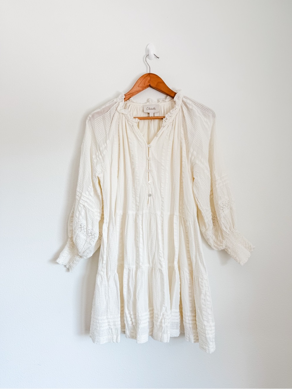 White Long-Sleeve Tiered Cleobella Mini Dress - Picture 8 of 13
